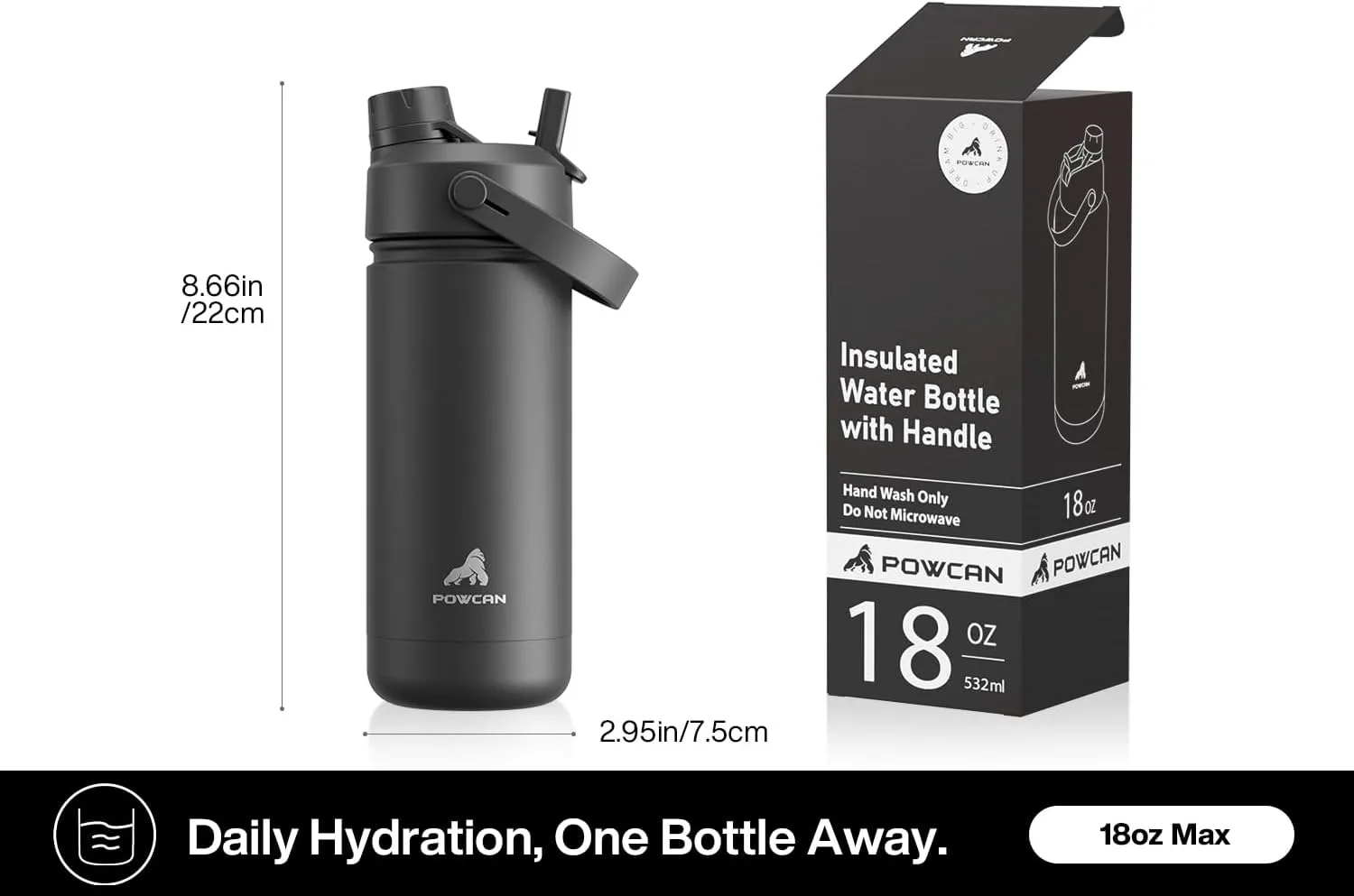 18 oz Insulated Water Bottle with 2-in-1 Straw and Spout Lid, Keep Cold 24H, Leak-Proof, Fits in Car Cup Holder, Stainless Steel Water Bottle for Sports, Travel, and School (Dark Knight)