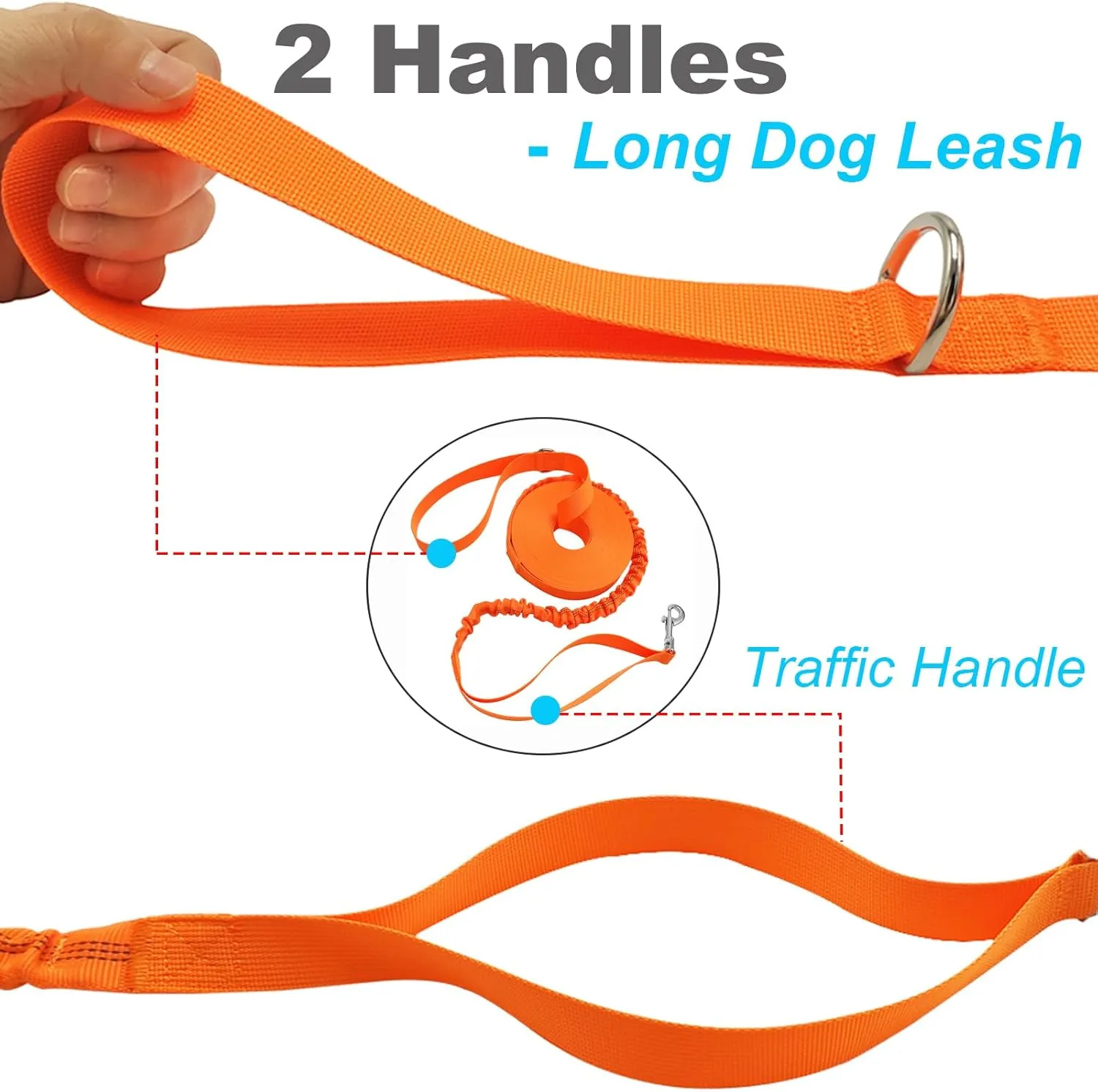 2 Handles Long Dog Leash, 12/20/30/50ft Long Bungee Dog Leashes with Traffic Handle, Shock-Absorbing Elastic Buffer, Double Handles Training Lead (orange-30ft)