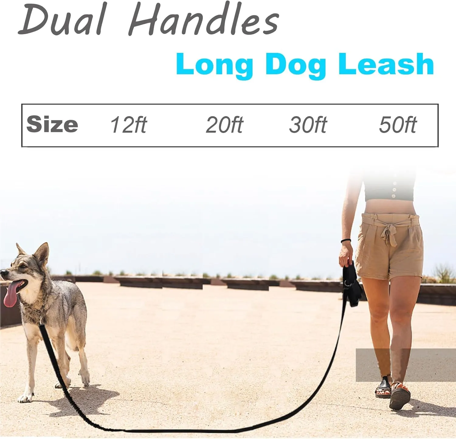 2 Handles Long Dog Leash, 12/20/30/50ft Long Bungee Dog Leashes with Traffic Handle, Shock-Absorbing Elastic Buffer, Double Handles Training Lead (orange-30ft)