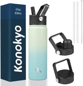 22oz Stainless Steel Bottles with 3 Lids Sport Insulated Water Bottle,Mint
