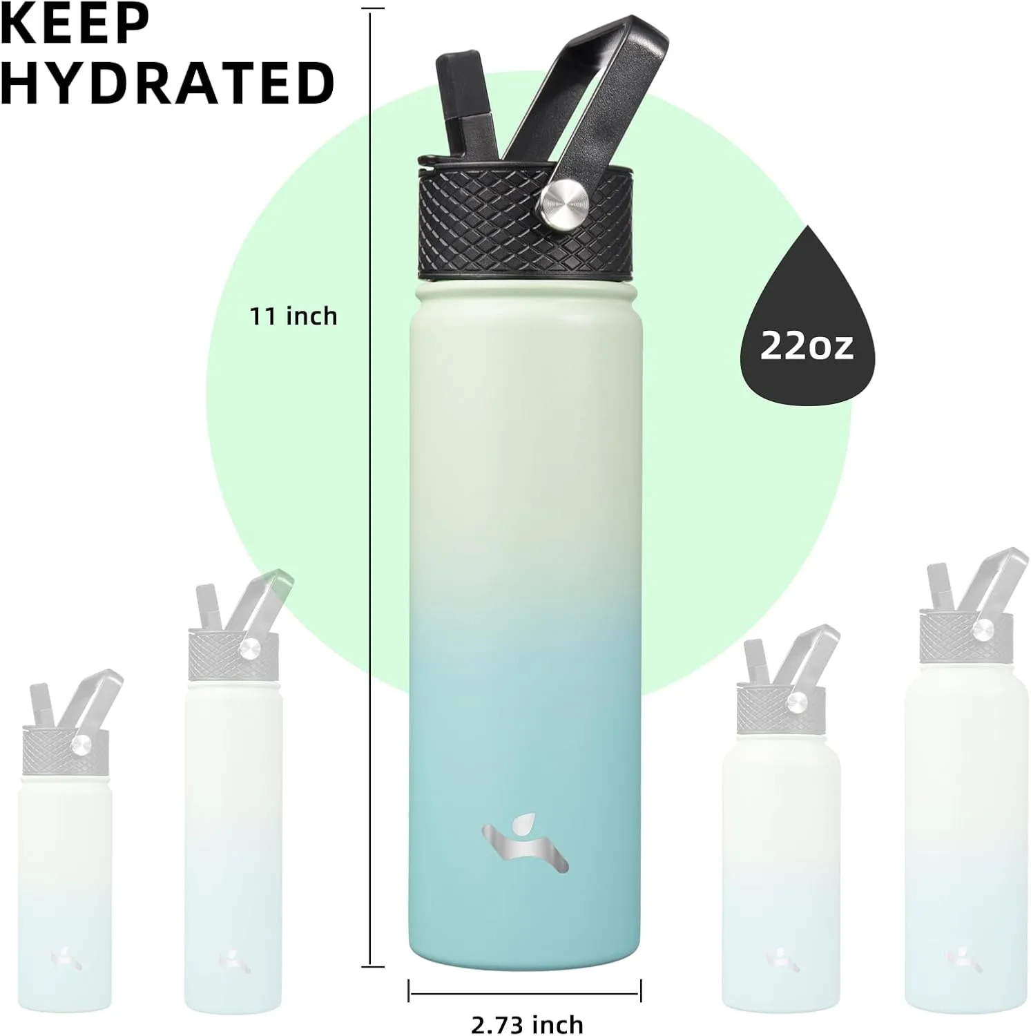 22oz Stainless Steel Bottles with 3 Lids Sport Insulated Water Bottle,Mint