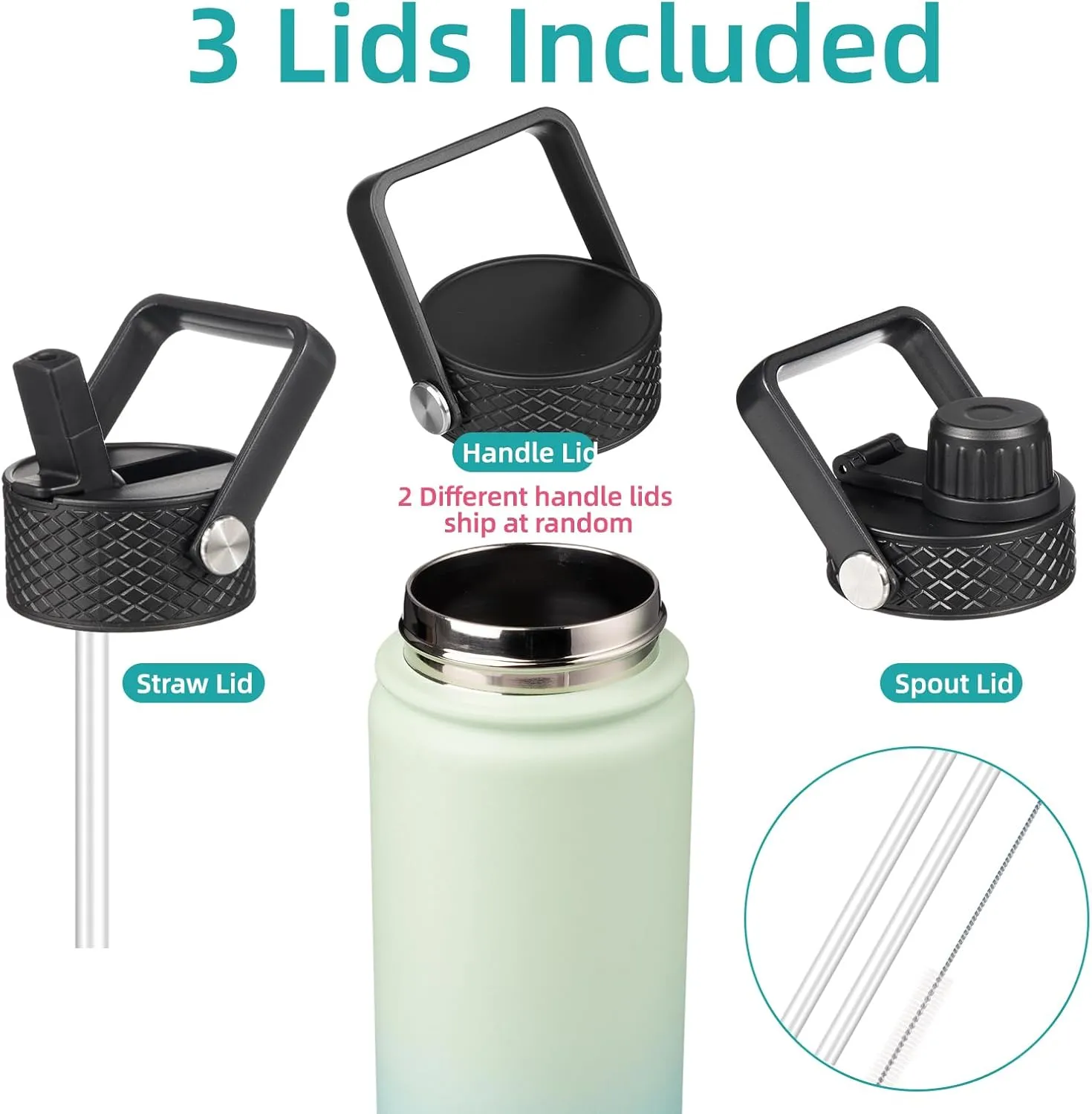 22oz Stainless Steel Bottles with 3 Lids Sport Insulated Water Bottle,Mint