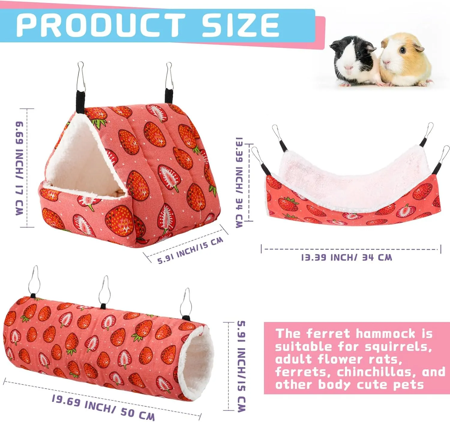 Abbylike 9 Pieces Rat Guinea Pig Hanging Hammock Ferret Cage Accessories Small Pet Hideout Tunnel Cave Hanging Hammock Hamster Toy Accessories for Ferret Hamster Chinchilla(Strawberry)
