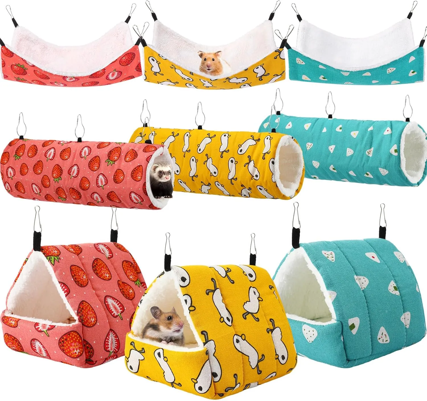 Abbylike 9 Pieces Rat Guinea Pig Hanging Hammock Ferret Cage Accessories Small Pet Hideout Tunnel Cave Hanging Hammock Hamster Toy Accessories for Ferret Hamster Chinchilla(Strawberry)
