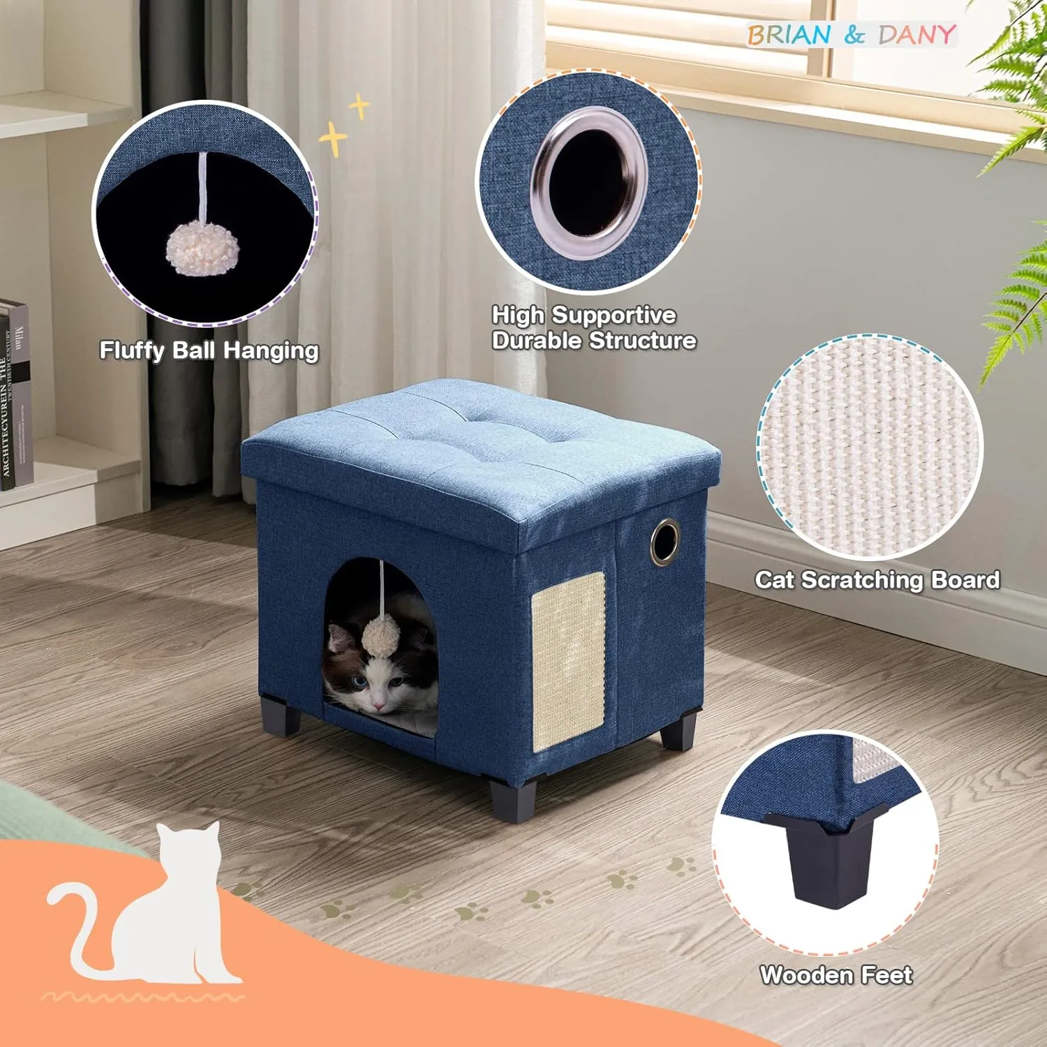 BRIAN & DANY Cat House and Bed, Cat Cave with Scratch Board & Ball, 14.7' x 14.1' x 12.7', Blue