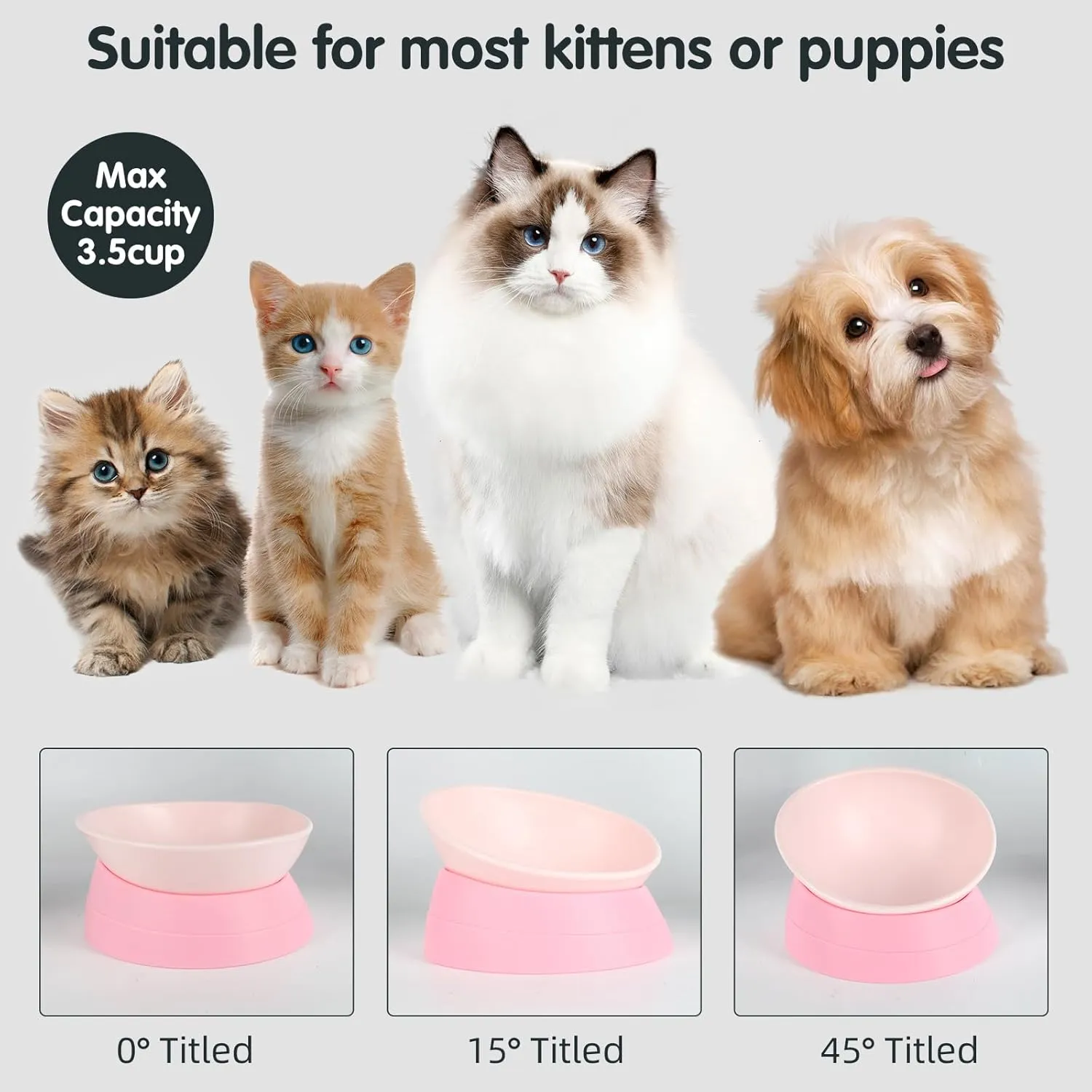 Bulldog Bowl Anti-Slip Dog Cat Dish Detachable Rubber Dog Bowl Pet Sterile Tilted Pet Feeder Slope Base (Pink, 3.5 Cup (Medium/Large Dog))
