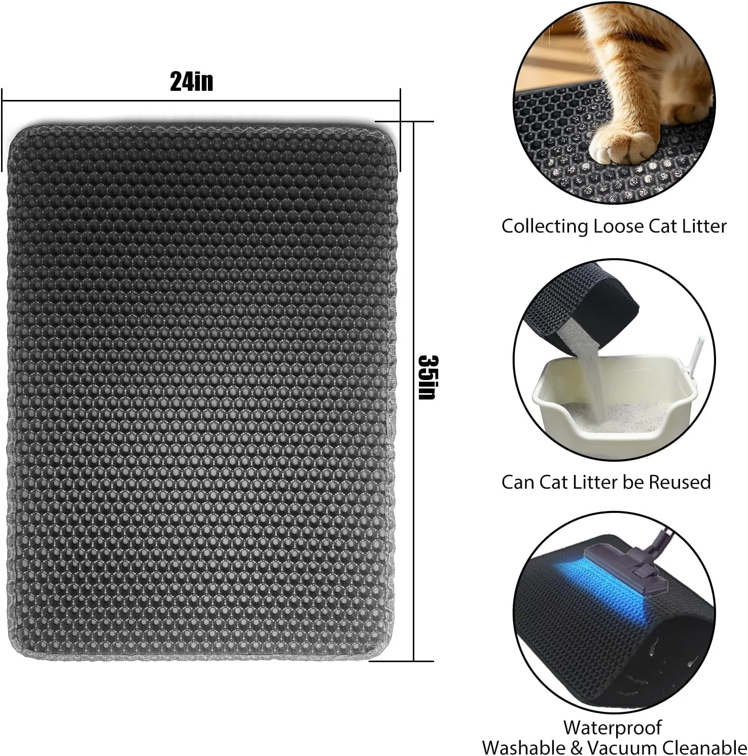 Cat Litter Box Mat Double Layer Trapping Mat Easy-Clean Waterproof Urine Proof(Black 35x24in)