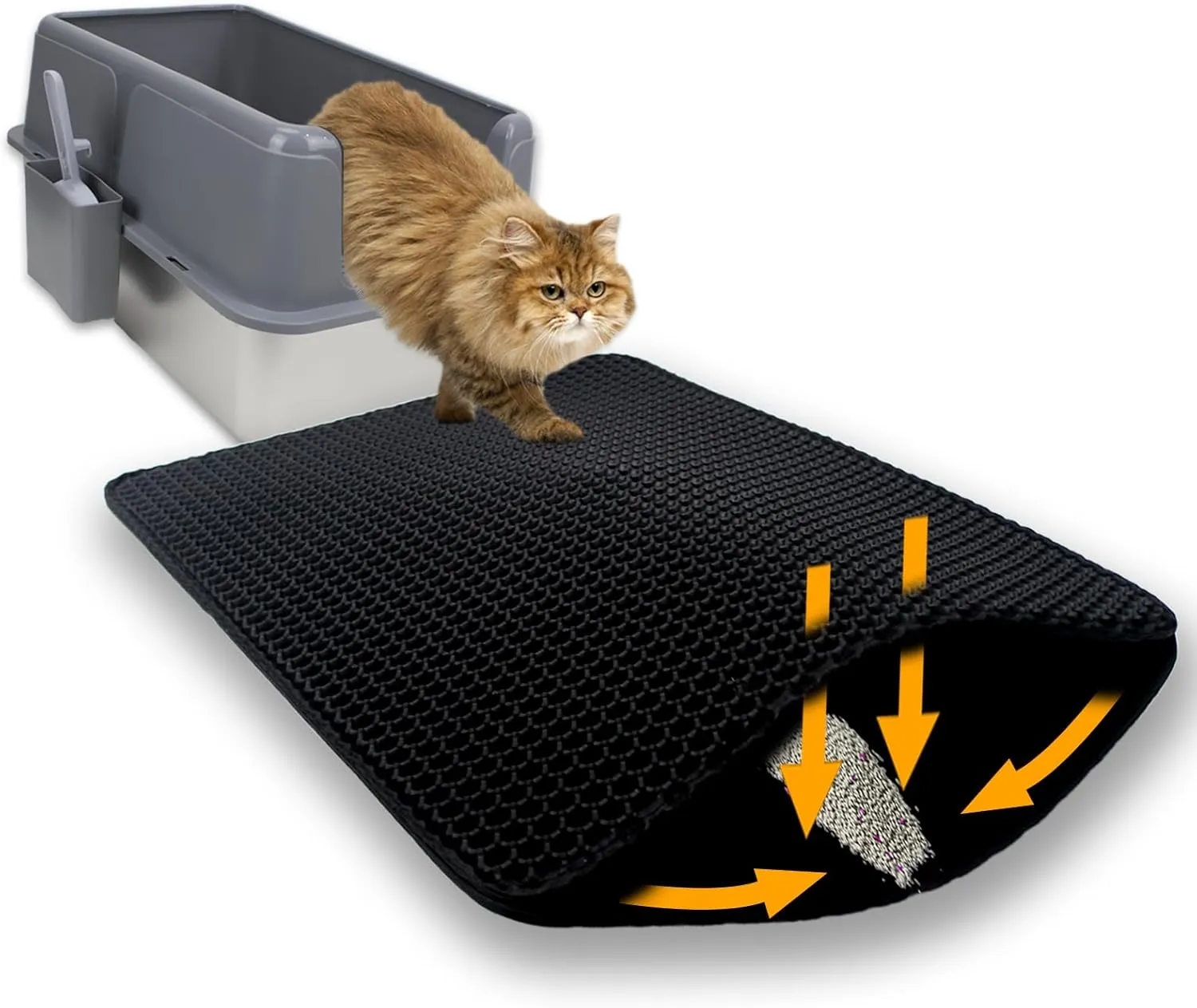 Cat Litter Box Mat Double Layer Trapping Mat Easy-Clean Waterproof Urine Proof(Black 35x24in)
