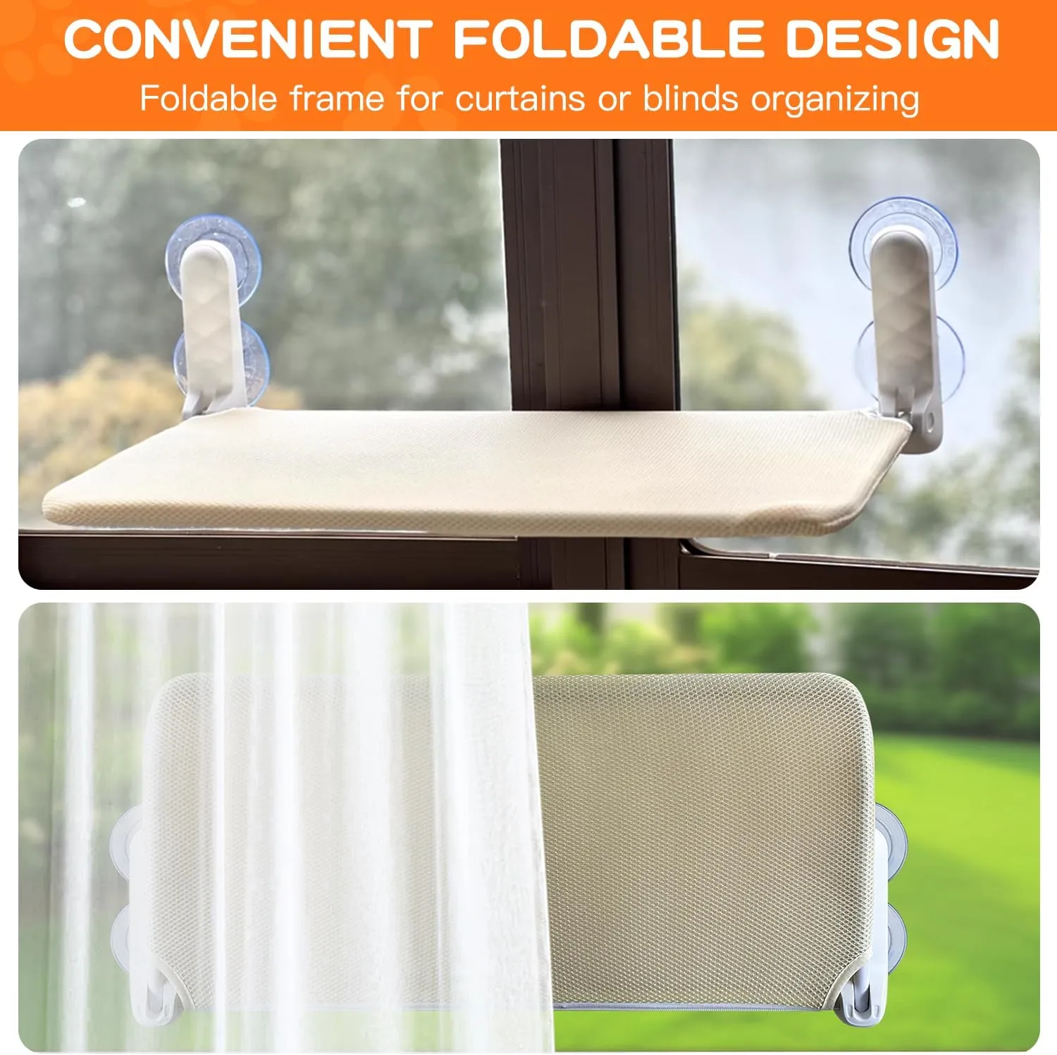 Cat Window Perch Cordless, Foldable Cat Window Bed with 4 Strong Suction Cups, Pet Hommack for Sill, Sturdy Metal Small Animal Seat Shelf with Reversible Cover(Beige)