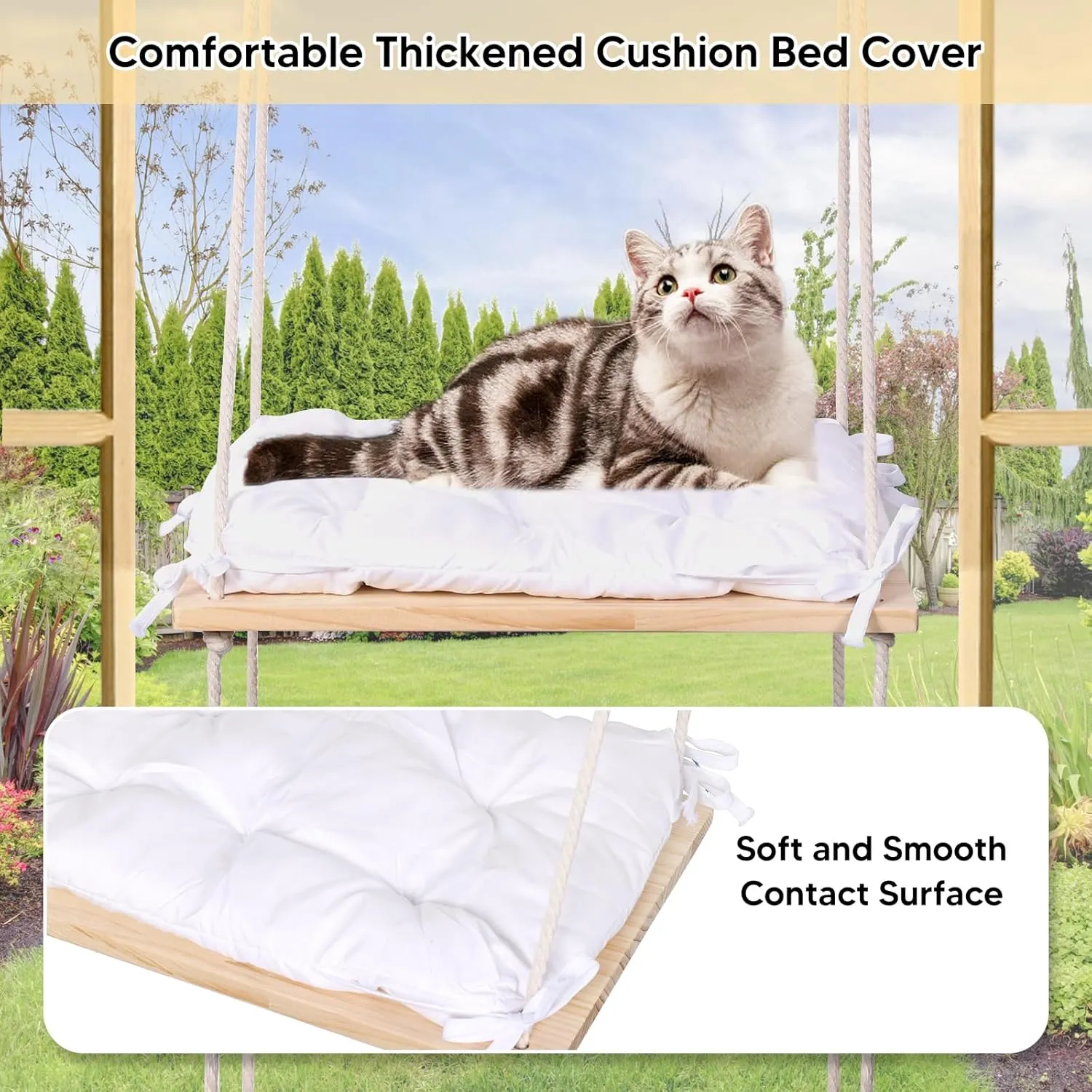 Cat Window Perch Double Layer, Cat Hammock Window Seat with Cushion Bed Cover - Solid Wood Seat & Strong Suction Cups - Hanging Cat Window Bed Cat Shelf for Small Medium Indoor Cats