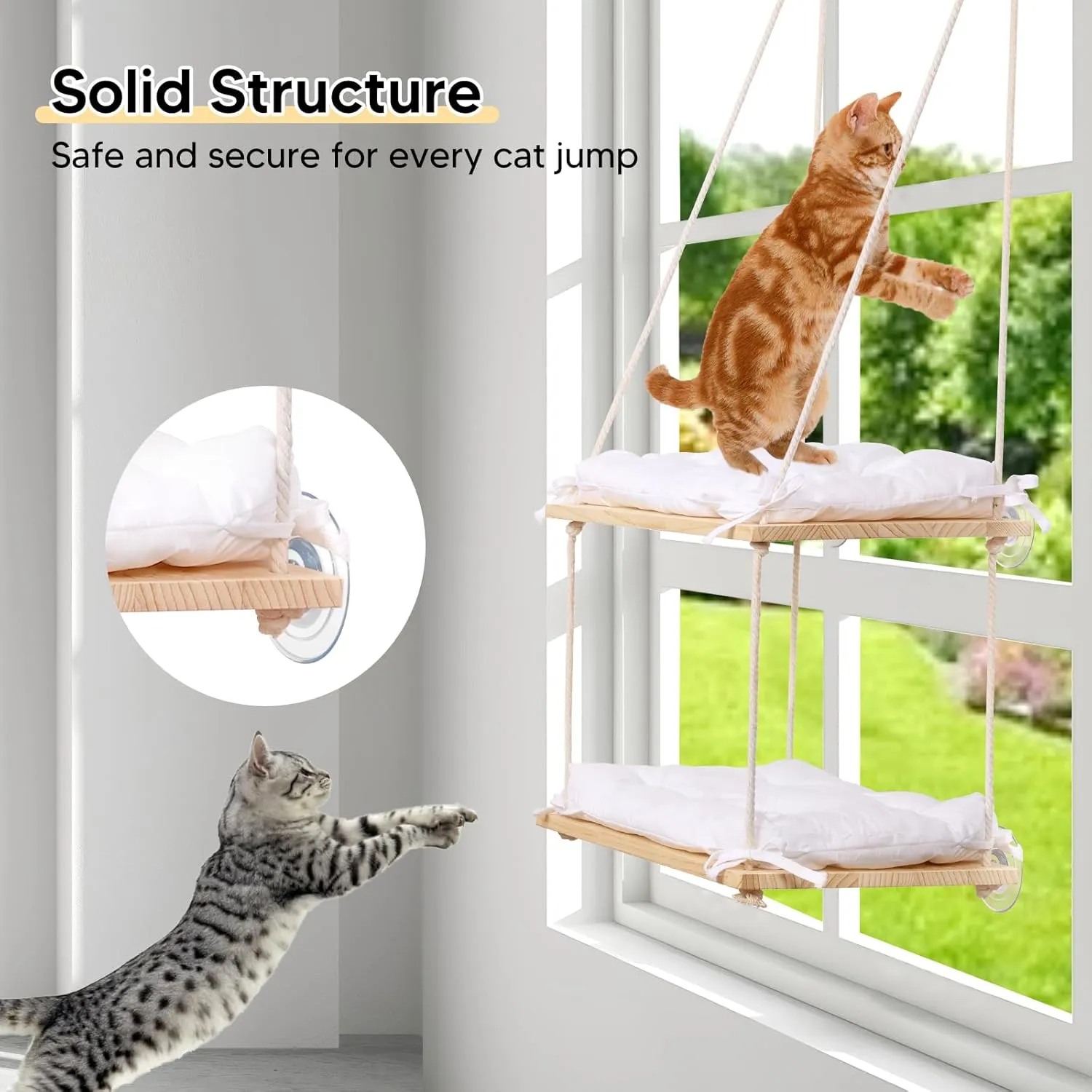 Cat Window Perch Double Layer, Cat Hammock Window Seat with Cushion Bed Cover - Solid Wood Seat & Strong Suction Cups - Hanging Cat Window Bed Cat Shelf for Small Medium Indoor Cats