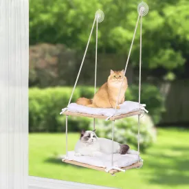 Cat Window Perch Double Layer, Cat Hammock Window Seat with Cushion Bed Cover - Solid Wood Seat & Strong Suction Cups - Hanging Cat Window Bed Cat Shelf for Small Medium Indoor Cats