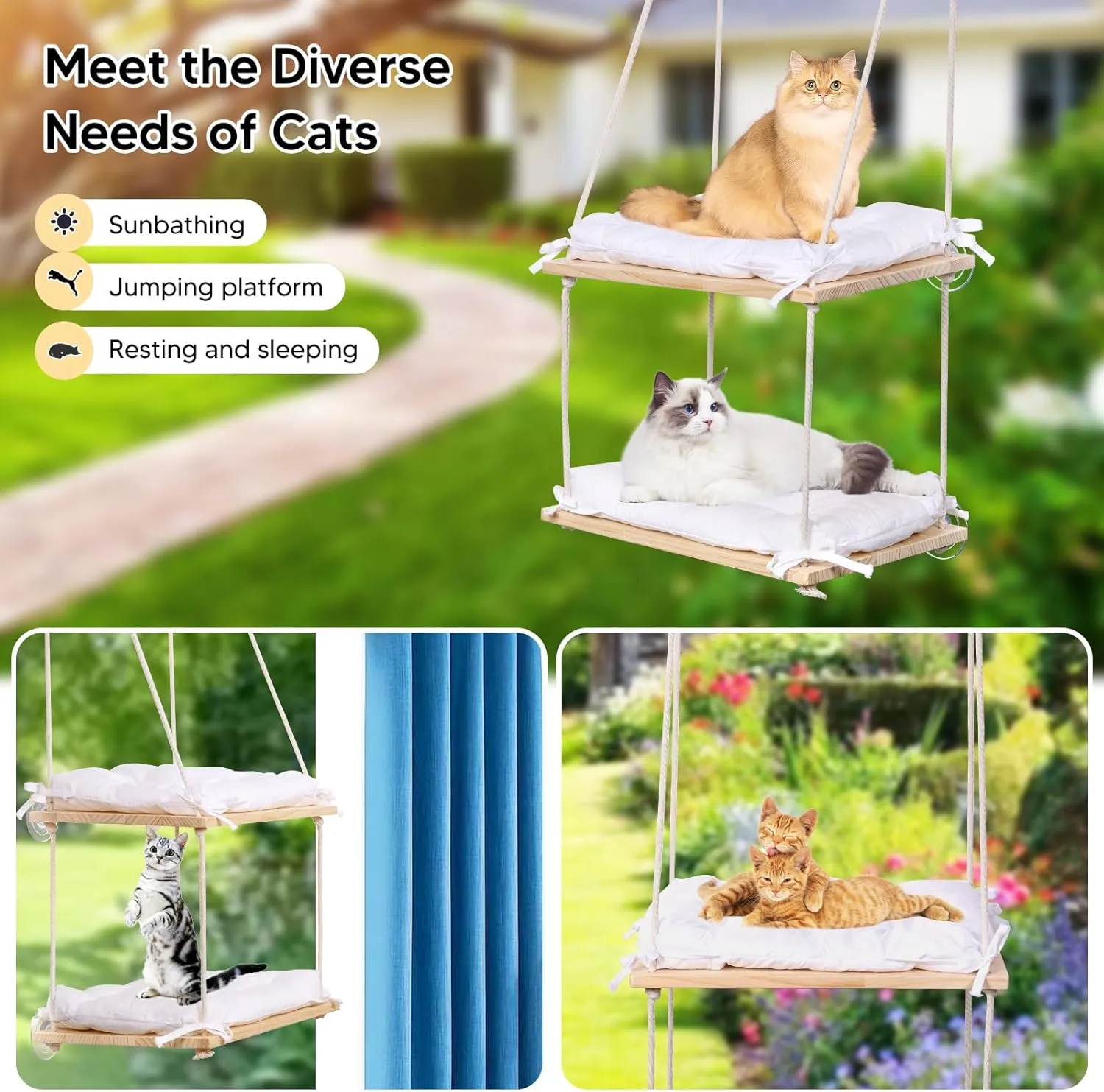 Cat Window Perch Double Layer, Cat Hammock Window Seat with Cushion Bed Cover - Solid Wood Seat & Strong Suction Cups - Hanging Cat Window Bed Cat Shelf for Small Medium Indoor Cats