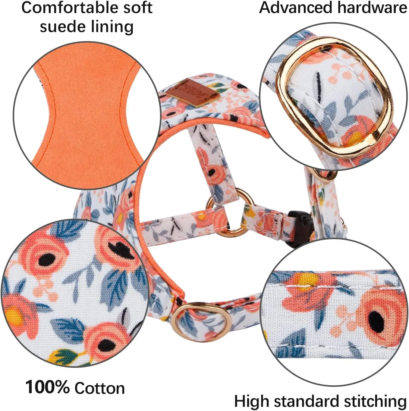 CHEDE No Pull Floral Pattern Dog Harness- Lightweight, Soft, Adjustable Small Harness and Leash Set, Suitable for Puppy Small and Medium-Sized Dog (XS, Orange Rose)