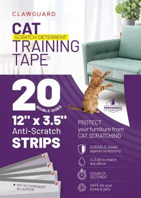 CLAWGUARD Cat Training Tape Strips Deters Cats from Scratching, Clawing or Jumping on Furniture and Surfaces, Clear, Quality, Double Sided Anti Scratch 12x4 Strips for Sofas, Drapes, Screens and More