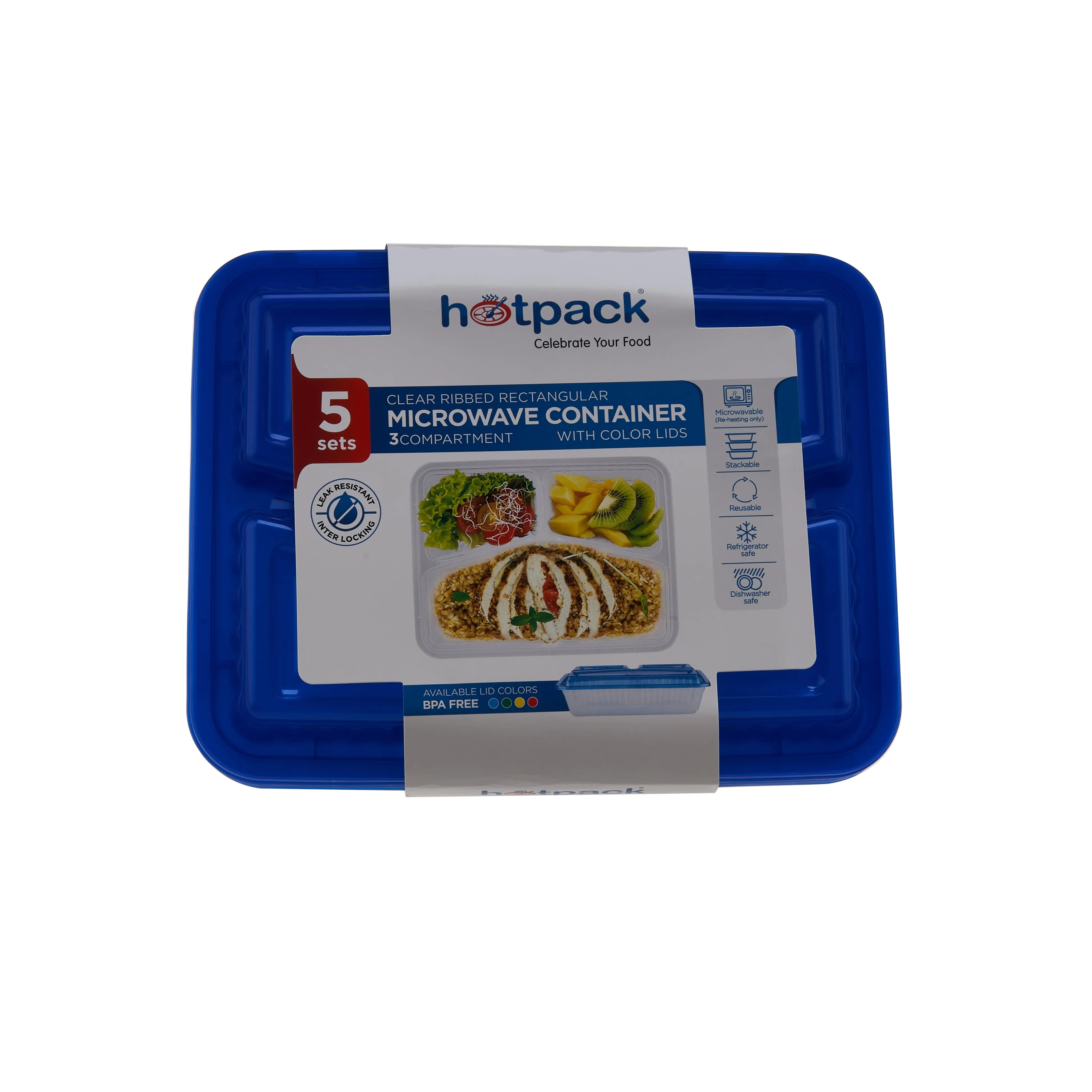 Clear Ribbed Rectangular Microwavable Compartment Container with Color Lids 5  Pieces