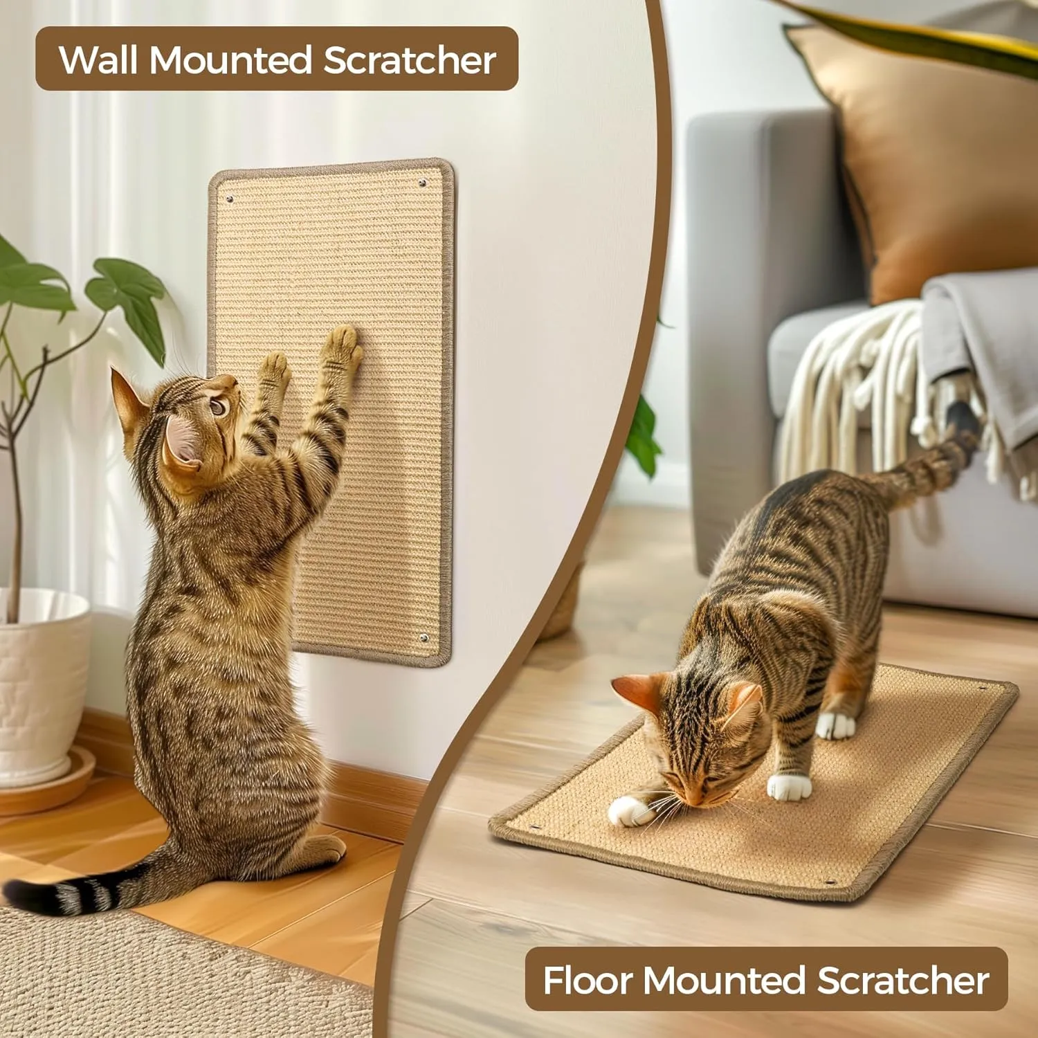 ComSaf Wall Cat Scratcher Mat - Sisal Cat Scratching Pad for Indoor Cats Kitten, Wall Floor Mount Natural Cat Scratch Mat with Adhesive Screw, 23.6" X 11.8" Reinstallable Furniture Protector