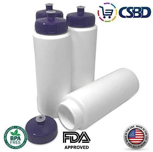 CSBD 32oz Sports Water Bottles, 4 Pack, Reusable No BPA Plastic, Pull Top Leakproof Drink Spout, Blank DIY Customization for Business Branding, Fundraises, or Fitness