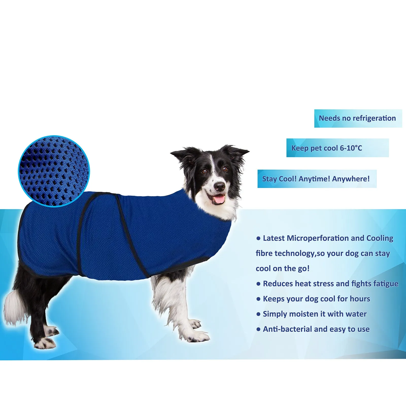 Dog Cooling Coat, Adjustable Size, Back Length 40 cm, Polyester-Blue