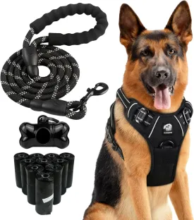 Dog Harness and Leash Set - No Pull Vest & Reflective Leash with Foam Handle, Adjustable Oxford Halter, For Walking & Training - Includes 150 Poop Bags & Bone-Shaped Dispenser - Black, XL