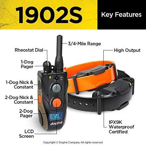 Dogtra 1902S Two Dogs Remote Training Collar - 3/4 Mile Range, Waterproof, Rechargeable, Shock, Vibration - Includes PetsTEK Dog Training Clicker