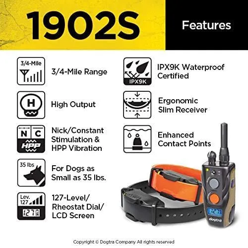 Dogtra 1902S Two Dogs Remote Training Collar - 3/4 Mile Range, Waterproof, Rechargeable, Shock, Vibration - Includes PetsTEK Dog Training Clicker