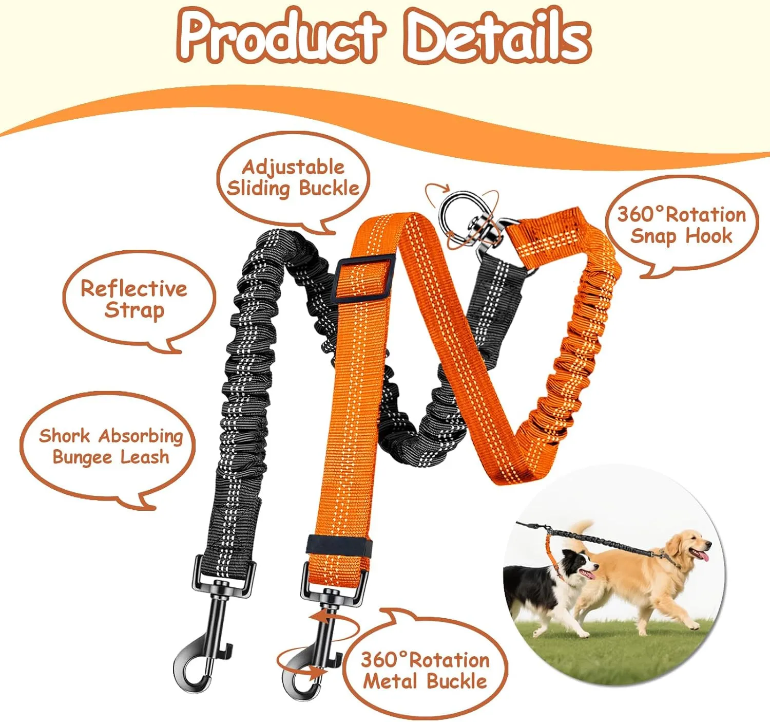 Double Dog Leash - 360Swivel Tangle Free Splitter Attachment, 2 Dogs Multi-Functional Leashes, Dual Rope for Outdoor Walk Train Small Medium Large Two Pet, Orange