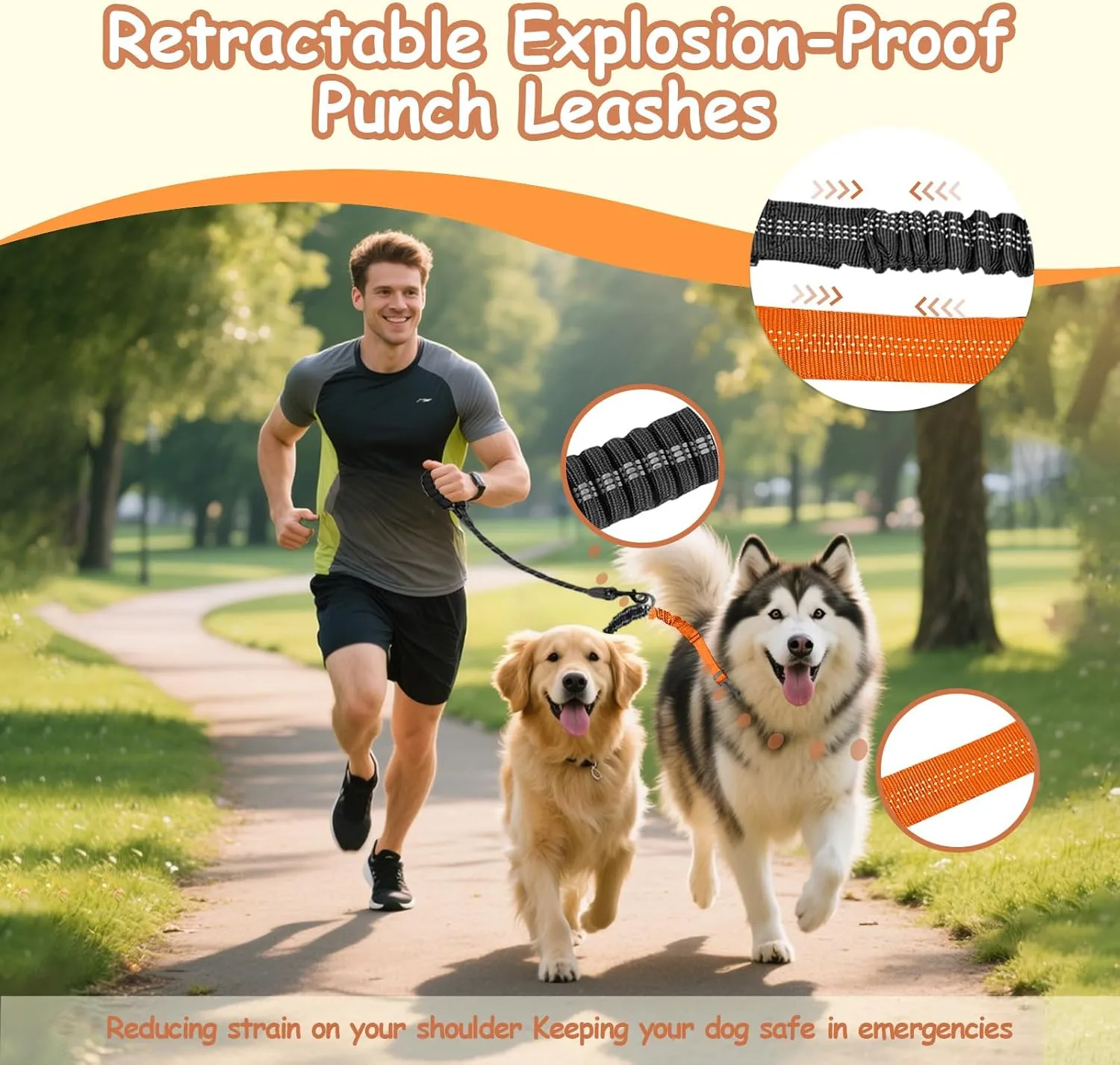 Double Dog Leash - 360Swivel Tangle Free Splitter Attachment, 2 Dogs Multi-Functional Leashes, Dual Rope for Outdoor Walk Train Small Medium Large Two Pet, Orange