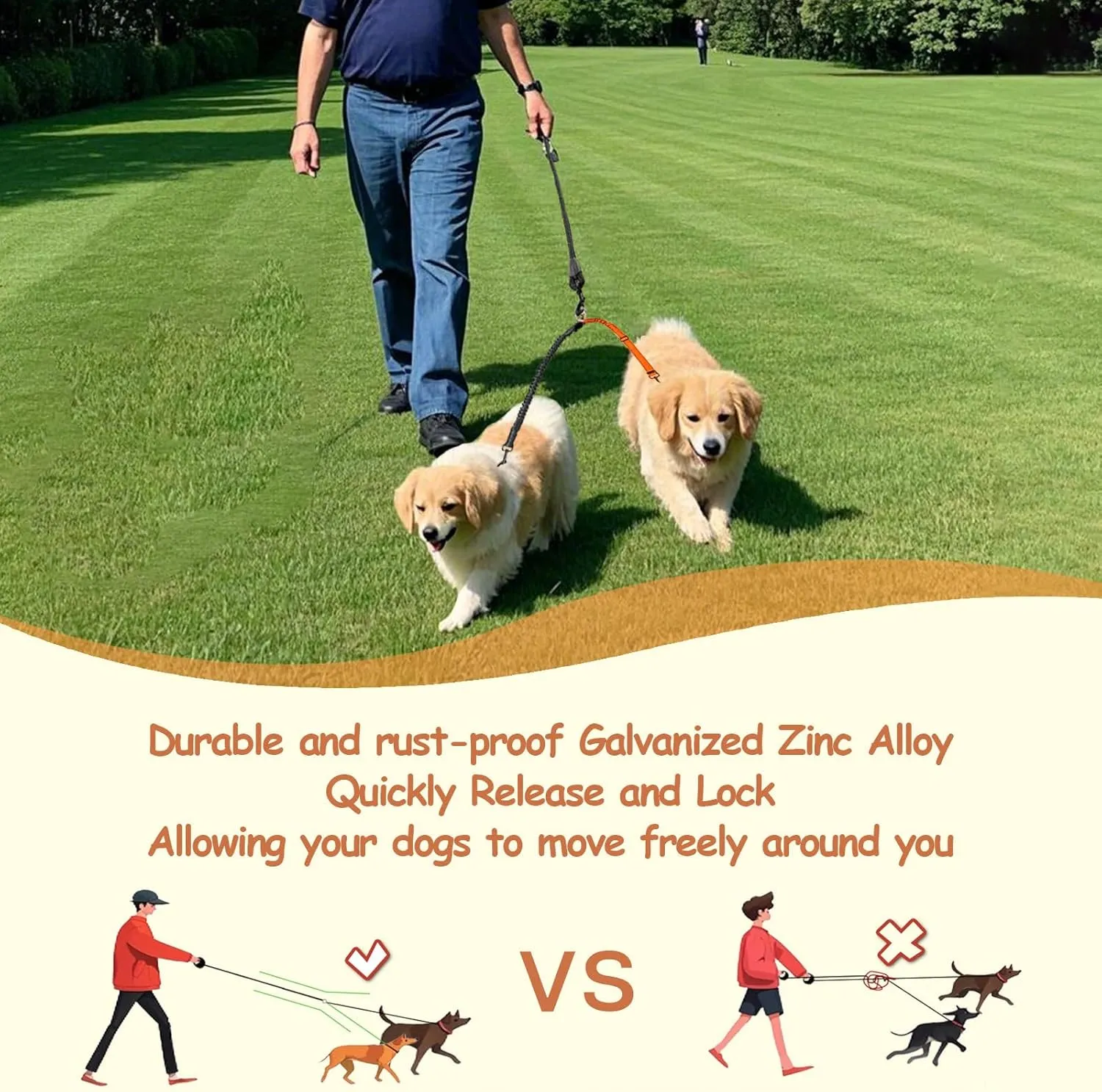 Double Dog Leash - 360Swivel Tangle Free Splitter Attachment, 2 Dogs Multi-Functional Leashes, Dual Rope for Outdoor Walk Train Small Medium Large Two Pet, Orange