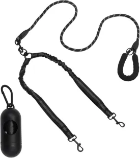 Double Dog Leash, Hands-Free Dual with Comfortable Padded Handle, Double for Two Dogs, Adjustable Length, Black, 1 Set