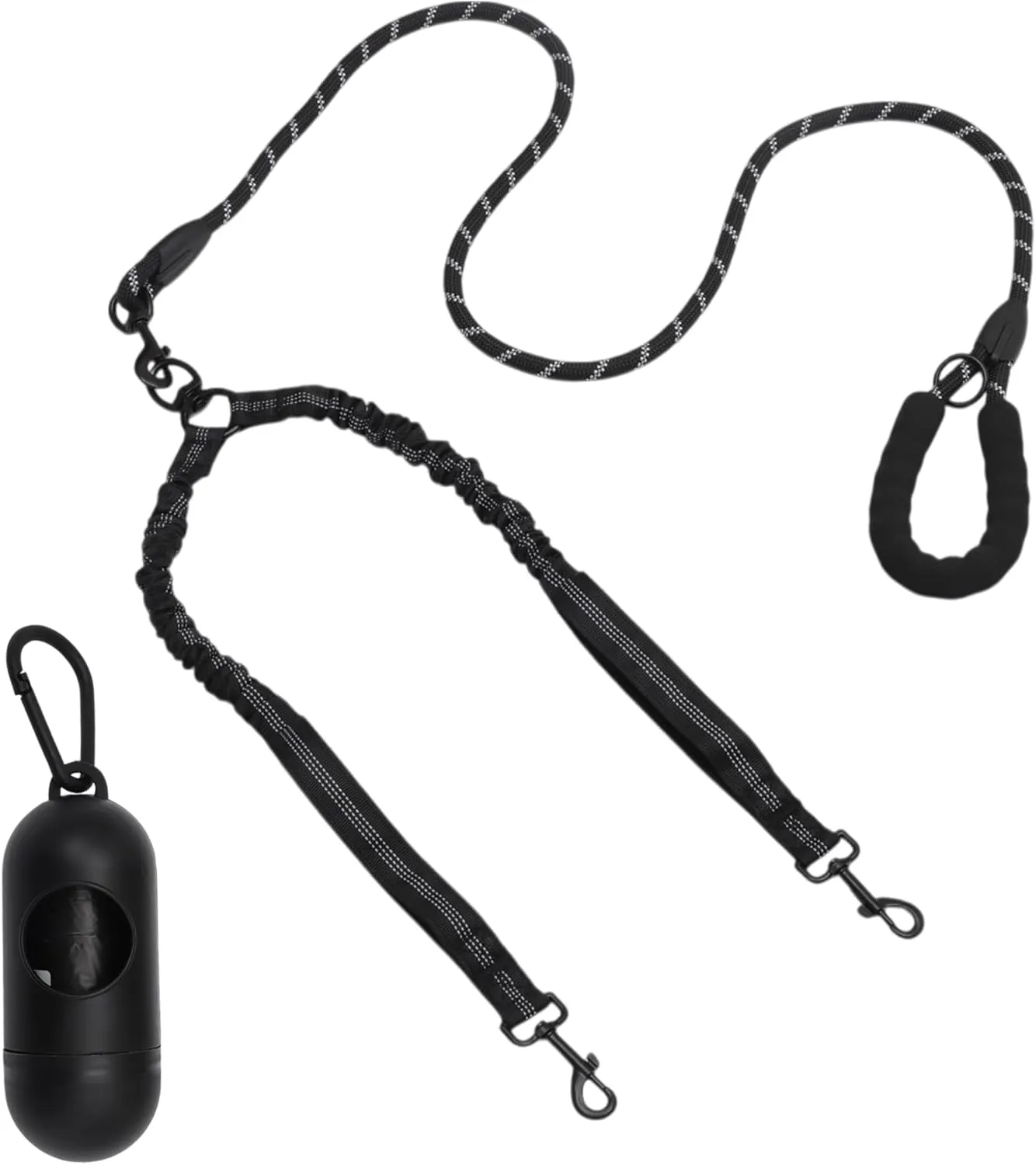 Double Dog Leash, Hands-Free Dual with Comfortable Padded Handle, Double for Two Dogs, Adjustable Length, Black, 1 Set