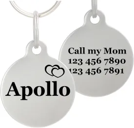 Double Sided Laser Etched Stainless Steel Pet ID Tag for Dog and Cat Engraved and Personalized 1" Round Shape (Hearts)