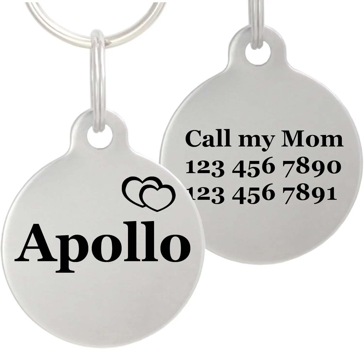 Double Sided Laser Etched Stainless Steel Pet ID Tag for Dog and Cat Engraved and Personalized 1" Round Shape (Hearts)