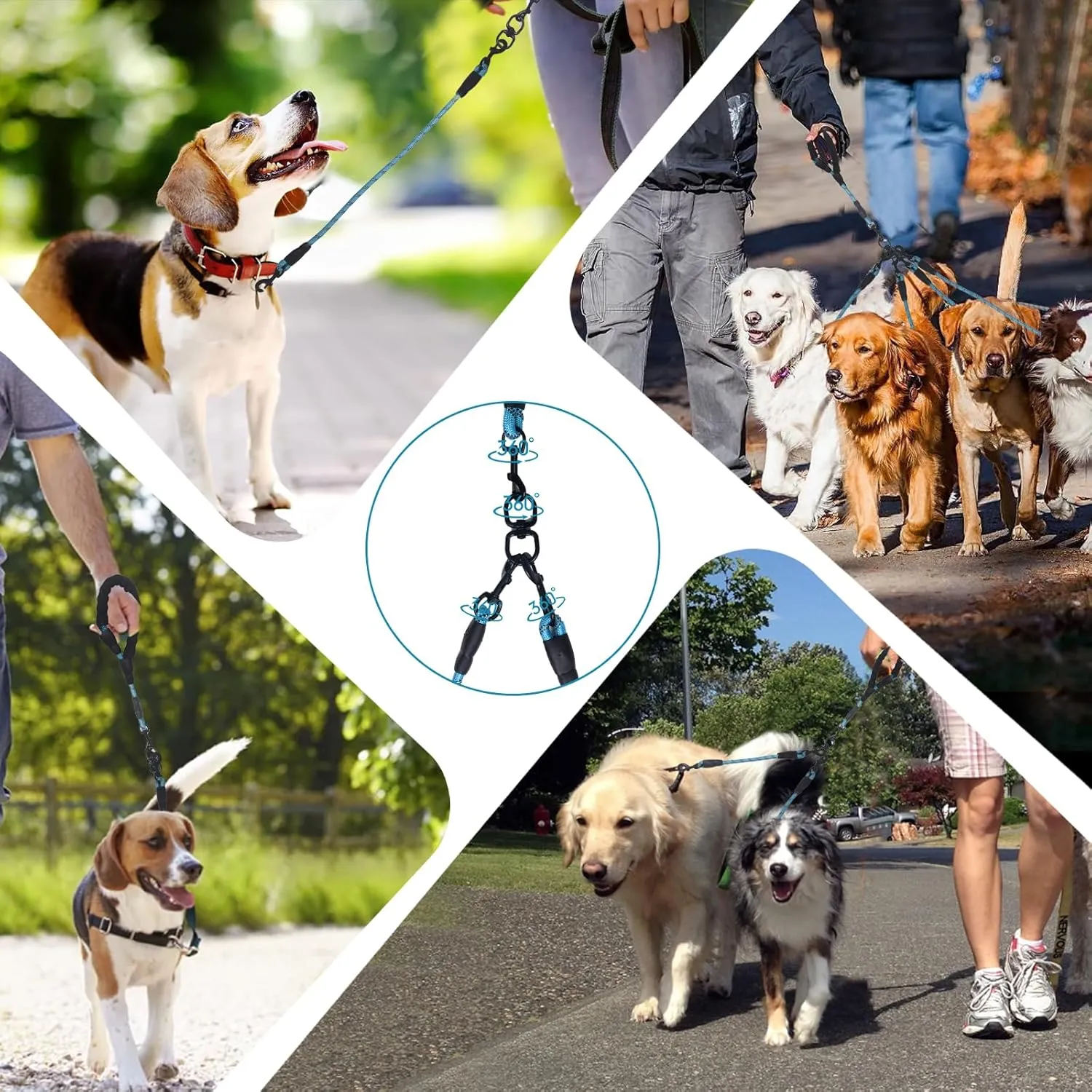 Exceptional 360 Anti-Tangle & No Pull Dual Dog Leash - Double Handle & Reflective for Small & Medium Dogs (Blue, 2 Way)