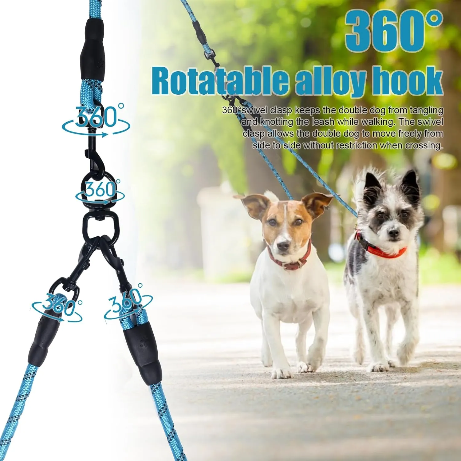Exceptional 360 Anti-Tangle & No Pull Dual Dog Leash - Double Handle & Reflective for Small & Medium Dogs (Blue, 2 Way)