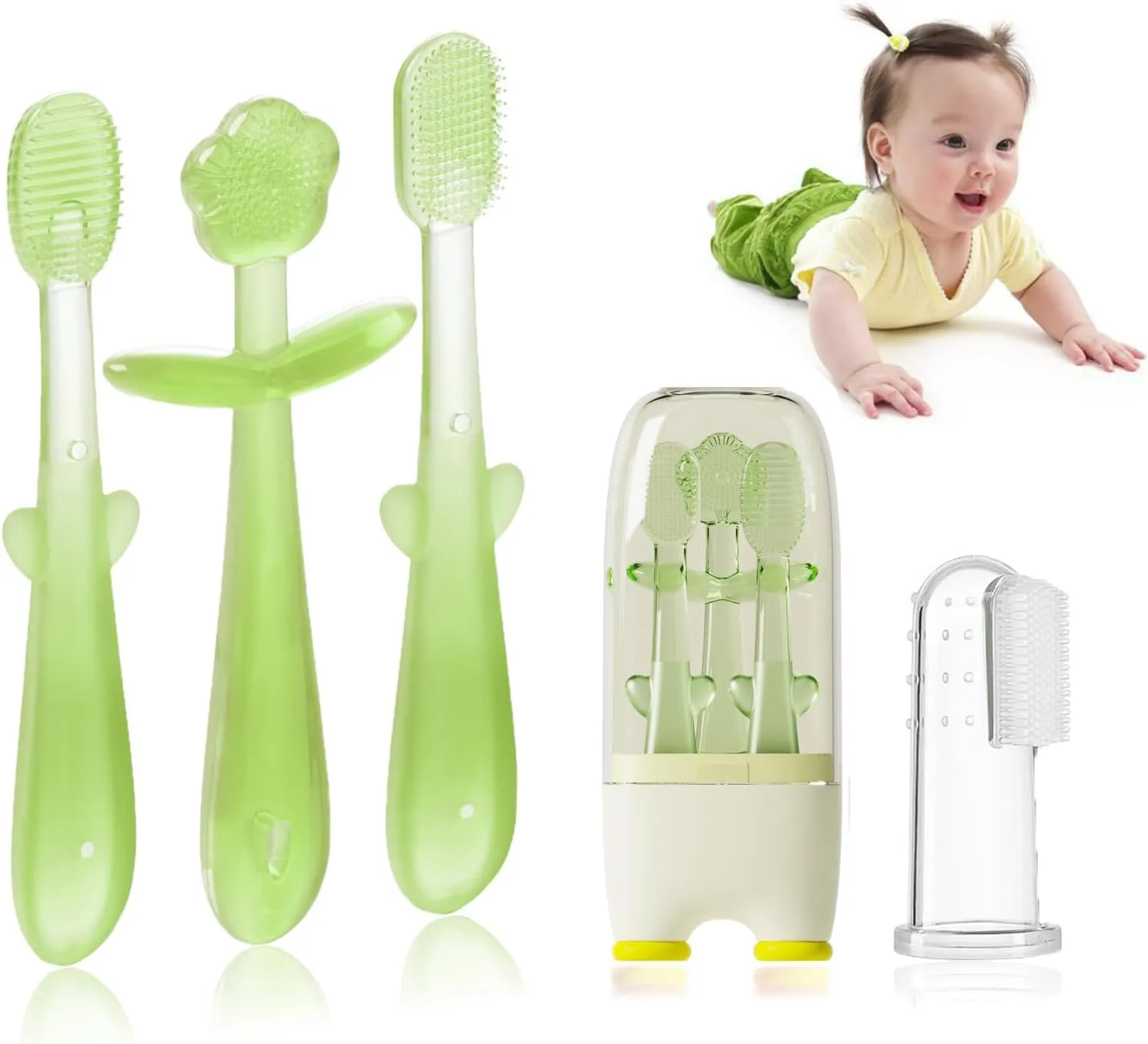 FOKiiBO Baby Silicone Toothbrush Set, Toothbrush   Tongue Brush   Toothbrush   Finger Toothbrush with Cup for Training Teething, 0-18M Infant Toddler Newborn Baby Teeth Brushes (Yellow)