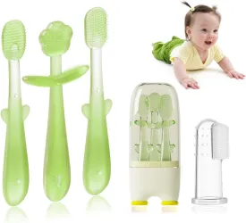 FOKiiBO Baby Silicone Toothbrush Set, Toothbrush   Tongue Brush   Toothbrush   Finger Toothbrush with Cup for Training Teething, 0-18M Infant Toddler Newborn Baby Teeth Brushes (Yellow)
