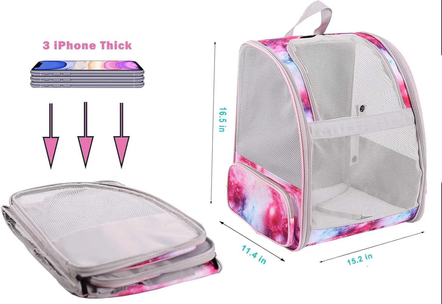 Galaxy Pink Pet Carrier Backpack for Cats and Small Dogs, Backpack for Kitten Bunny Airline Approved Travel Hiking Camping Cat Vet Book Bag (Ventilation)
