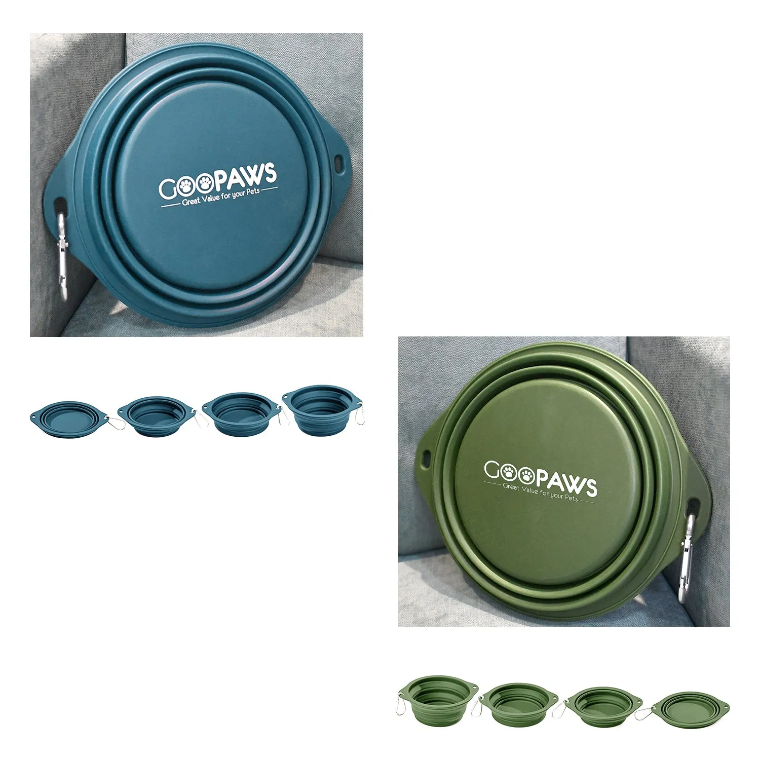 GOOPAWS 2 Pack Silicone Non-Skid Travel Dog and Cat Bowl, Blue&Green