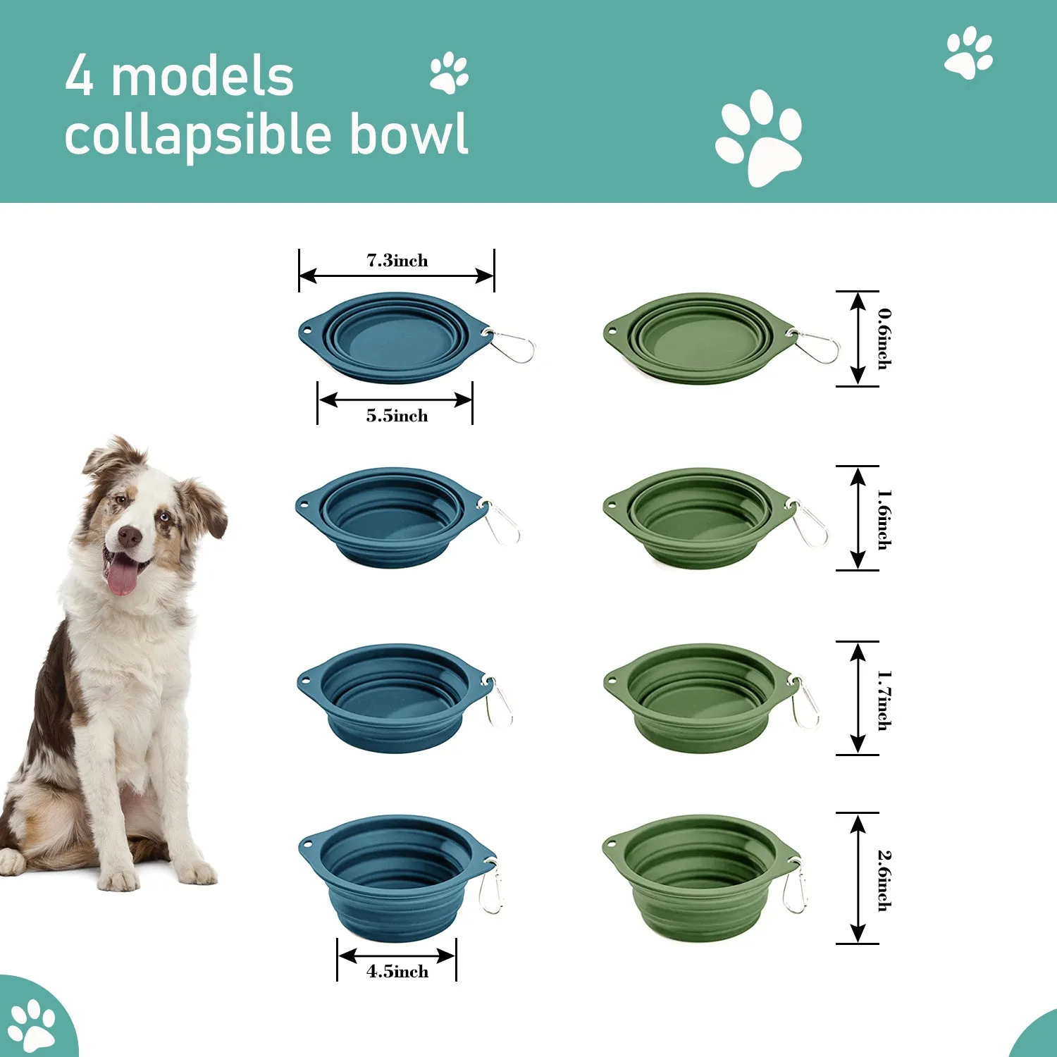 GOOPAWS 2 Pack Silicone Non-Skid Travel Dog and Cat Bowl, Blue&Green