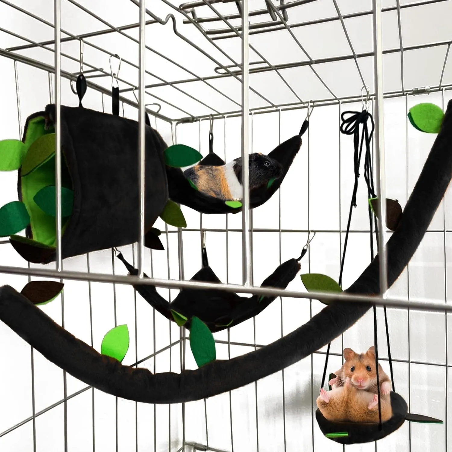 Hamster Hammock,Small Animal Hanging Hideout Tunnel Sleeping Set Plush Swing Warm Bed House Cage Nest Accessories for Sugar Glider,Squirrel,Black(5 Pcs)