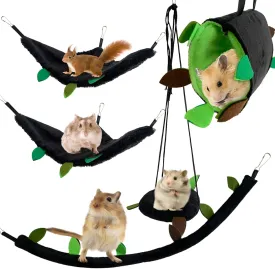 Hamster Hammock,Small Animal Hanging Hideout Tunnel Sleeping Set Plush Swing Warm Bed House Cage Nest Accessories for Sugar Glider,Squirrel,Black(5 Pcs)