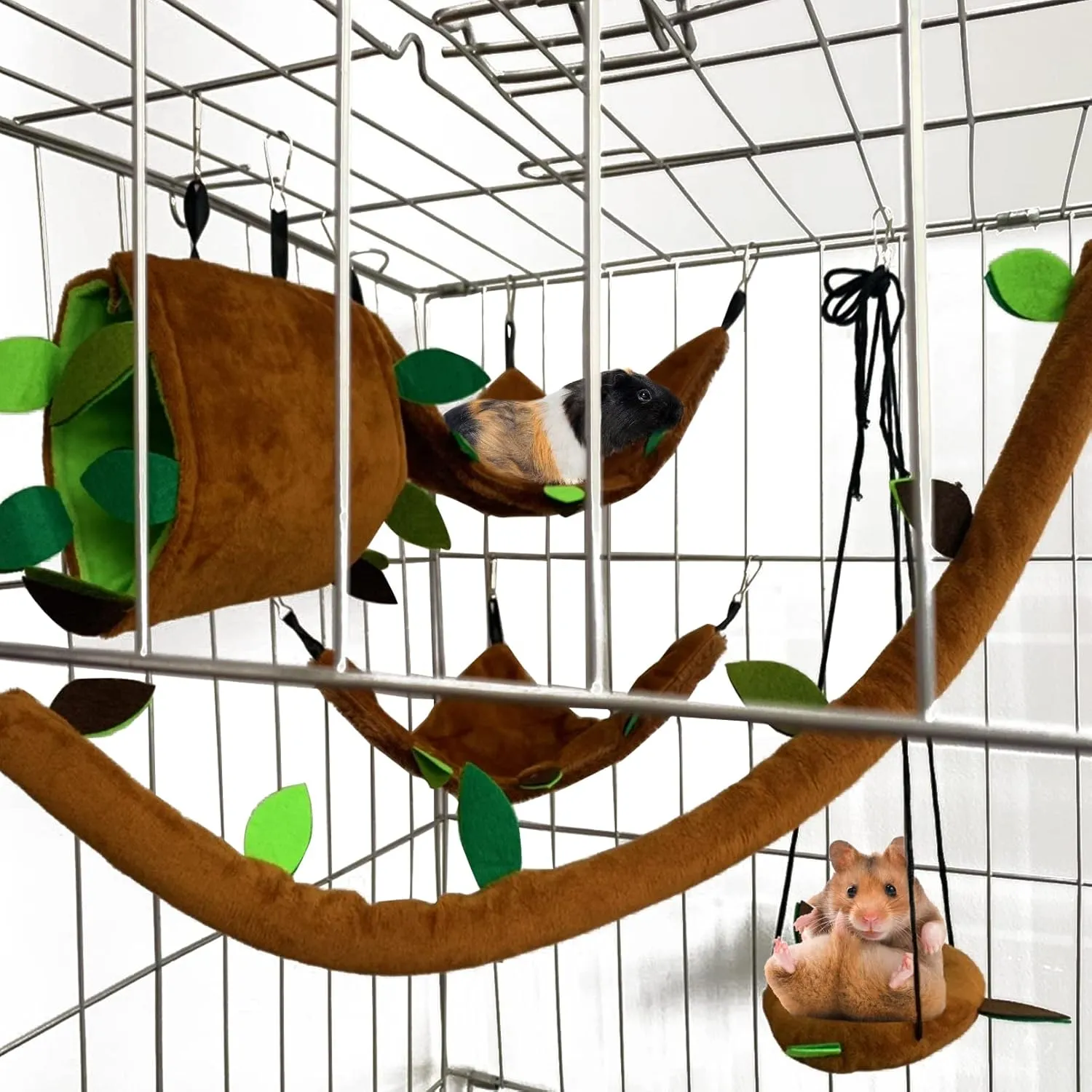 Hamster Hammock,Small Animal Hanging Hideout Tunnel Sleeping Set Plush Swing Warm Bed House Cage Nest Accessories for Sugar Glider,Squirrel,Brown(5 Pcs)
