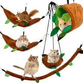 Hamster Hammock,Small Animal Hanging Hideout Tunnel Sleeping Set Plush Swing Warm Bed House Cage Nest Accessories for Sugar Glider,Squirrel,Brown(5 Pcs)