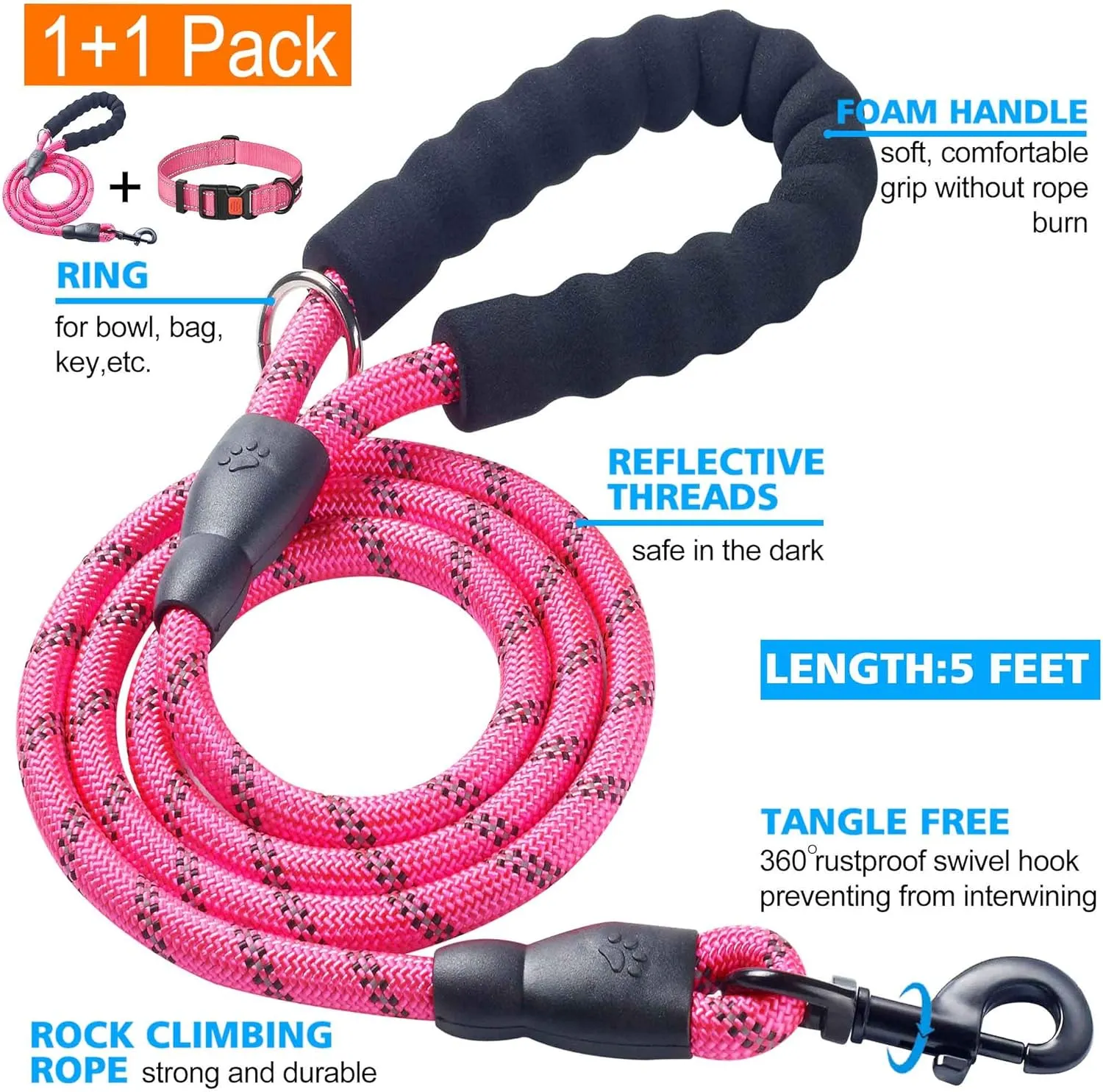 Heavy Duty Dog Leash - Comfortable Padded Handle, 5 ft Long - Dog Leashes for Small Medium Large Dogs (Leash Collar XS Neck 10.5"-13.5", Pink)