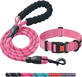 Heavy Duty Dog Leash - Comfortable Padded Handle, 5 ft Long - Dog Leashes for Small Medium Large Dogs (Leash Collar XS Neck 10.5"-13.5", Pink)