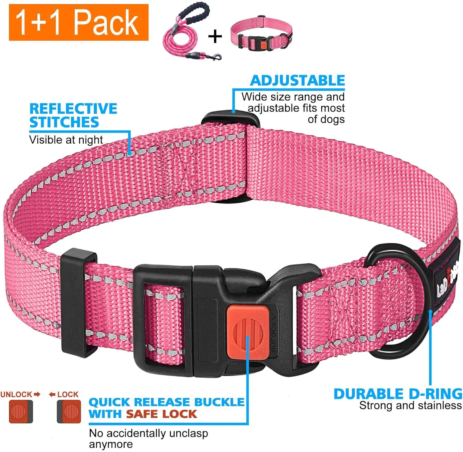 Heavy Duty Dog Leash - Comfortable Padded Handle, 5 ft Long - Dog Leashes for Small Medium Large Dogs (Leash Collar XS Neck 10.5"-13.5", Pink)