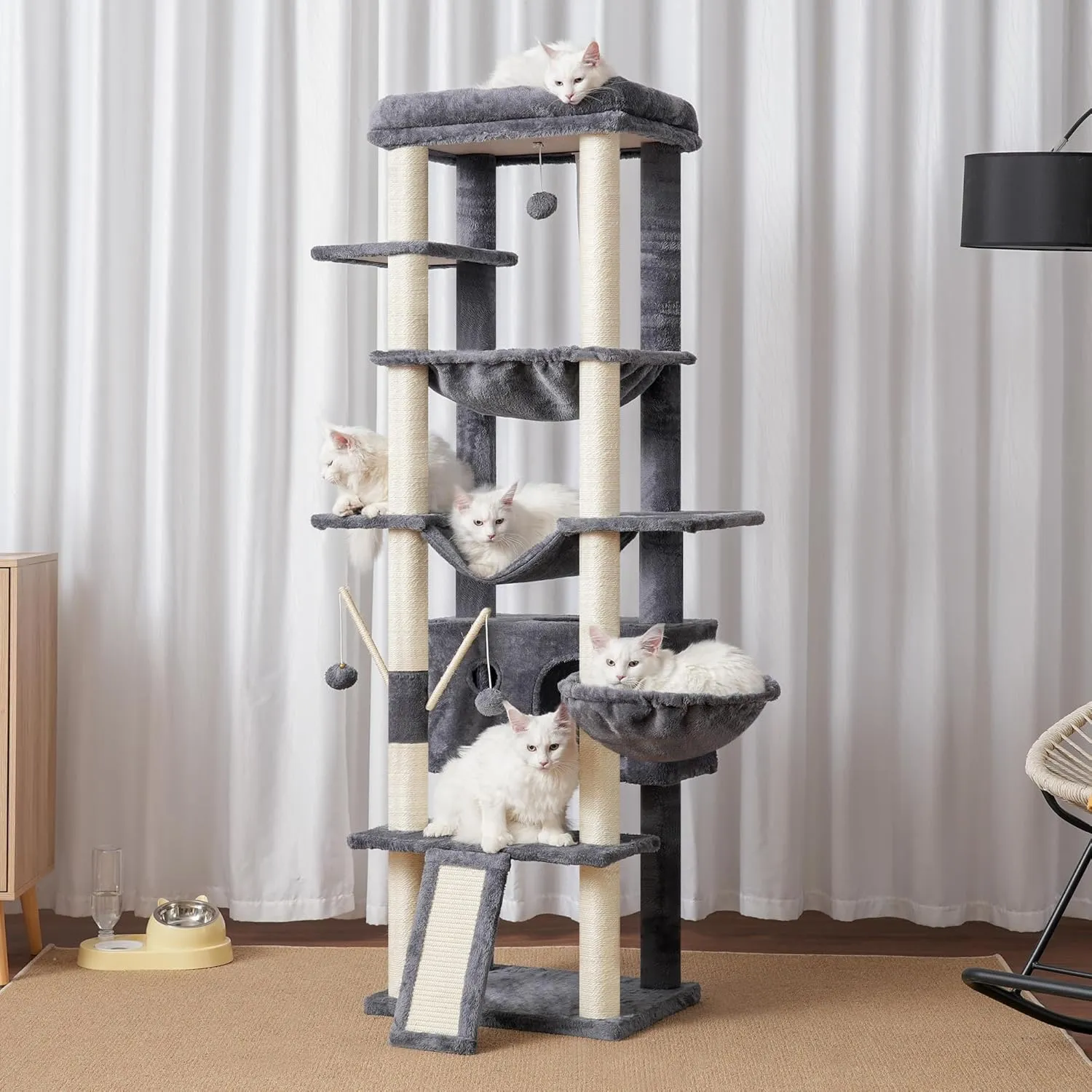 Heybly Cat Tree for Indoor Cats Large Adult with Big Platform, 68.1-inch Tall Cat Tower with Sisal-Covered Scratching Posts, Multi-Level Cat Condo Furniture with Hammocks, Smoky Gray HCT035G