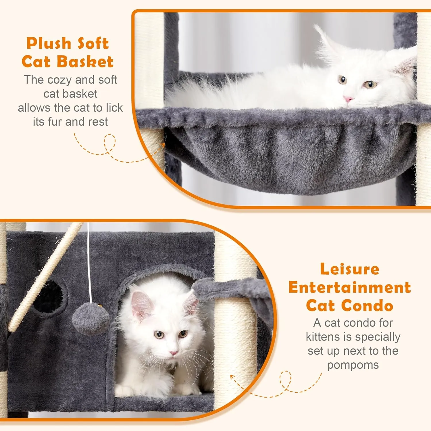 Heybly Cat Tree for Indoor Cats Large Adult with Big Platform, 68.1-inch Tall Cat Tower with Sisal-Covered Scratching Posts, Multi-Level Cat Condo Furniture with Hammocks, Smoky Gray HCT035G