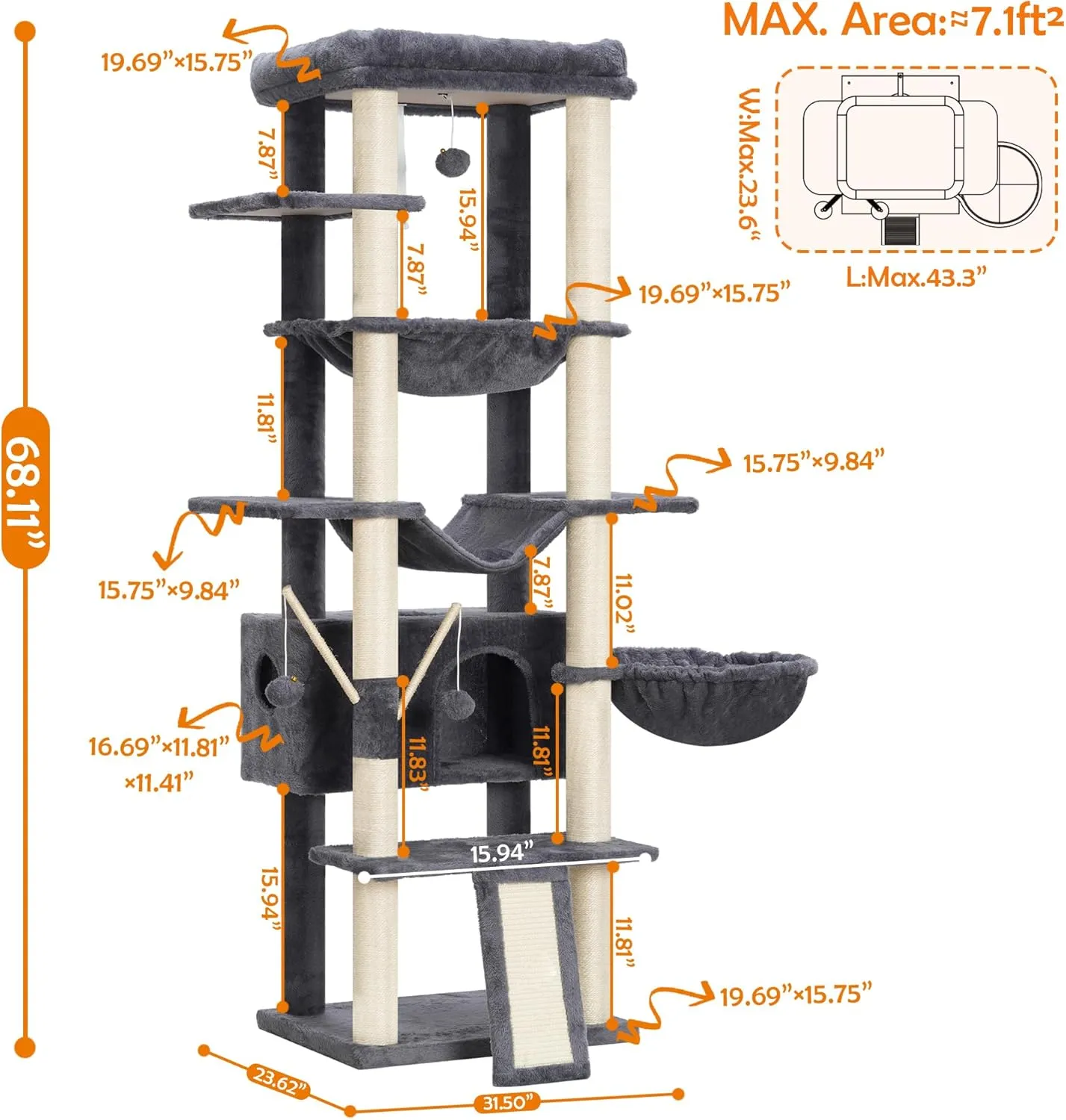 Heybly Cat Tree for Indoor Cats Large Adult with Big Platform, 68.1-inch Tall Cat Tower with Sisal-Covered Scratching Posts, Multi-Level Cat Condo Furniture with Hammocks, Smoky Gray HCT035G